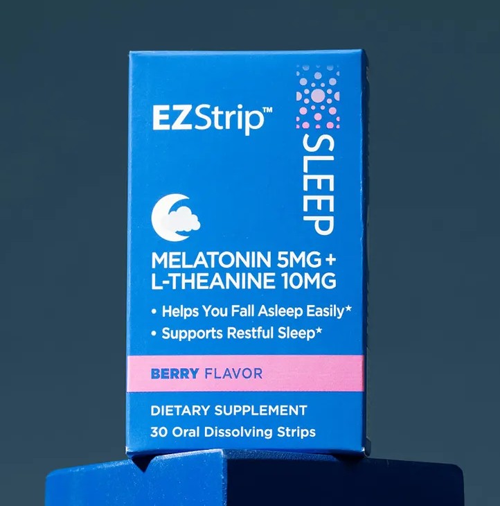 A close-up image of the EZStrip Sleep dietary supplement packaging, clearly highlighting details like Melatonin and L-Theanine content for restful sleep.