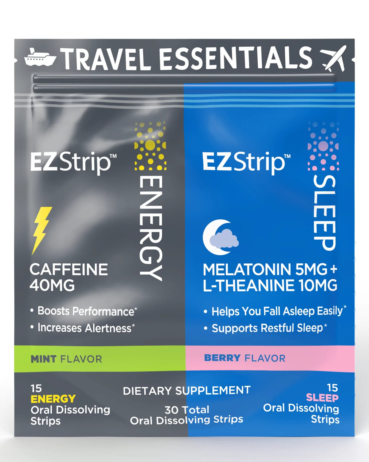 A close-up of the EZStrip Travel Essentials packaging, showing Energy and Sleep strips with key ingredients like caffeine and melatonin.