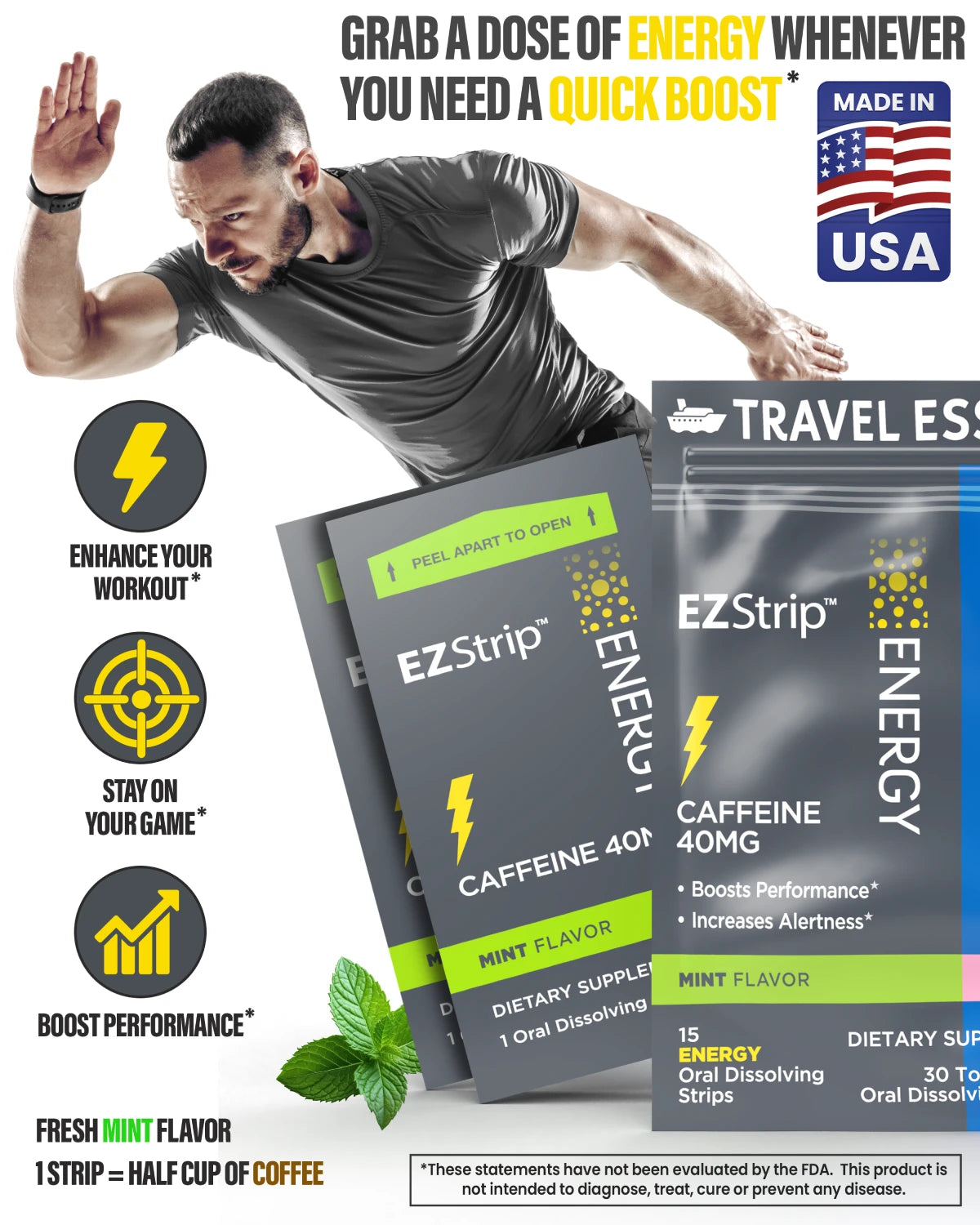A fit man in a blue sports shirt sprinting, with a focus on EZStrip Energy for boosting performance, staying alert, and enhancing workouts.