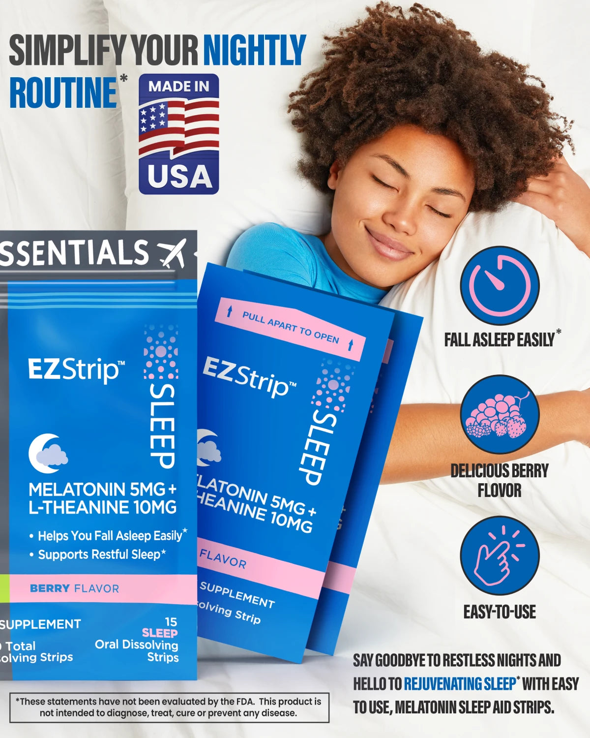 A woman peacefully sleeping, promoting EZStrip Sleep as part of a nightly routine. The image highlights features like being made in the USA, berry flavor, and ease of use.