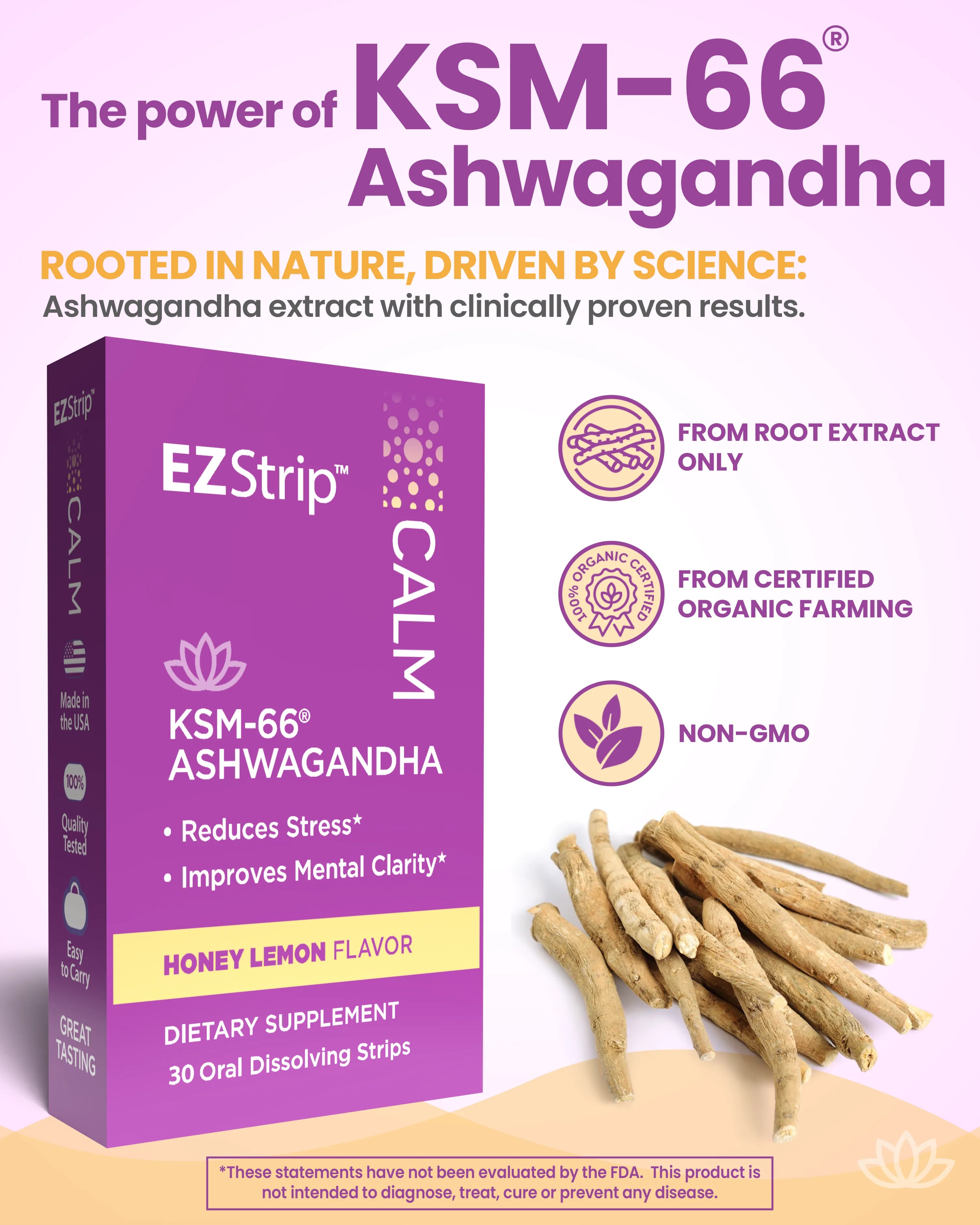 A purple box of EZStrip Calm KSM-66 Ashwagandha oral dissolving strips, highlighting stress reduction and mental clarity benefits with honey lemon flavor.