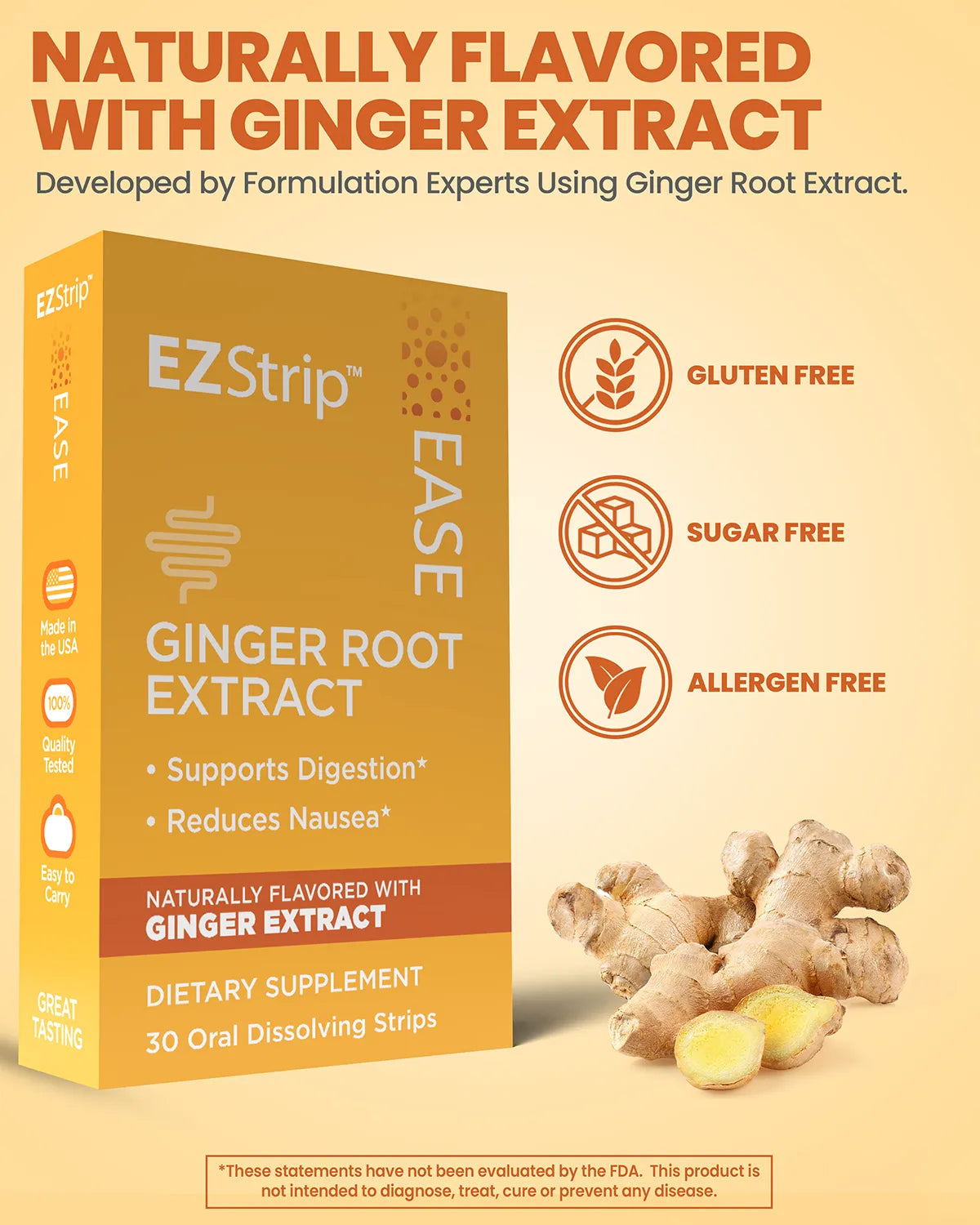 A promotional image for EZStrip Ease, highlighting ginger root extract for digestion support and nausea relief.