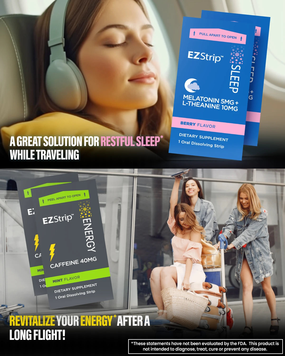 A promotional image showing a woman sleeping on an airplane with noise-canceling headphones, and a group of women at an airport using EZStrip Energy to stay energized.
