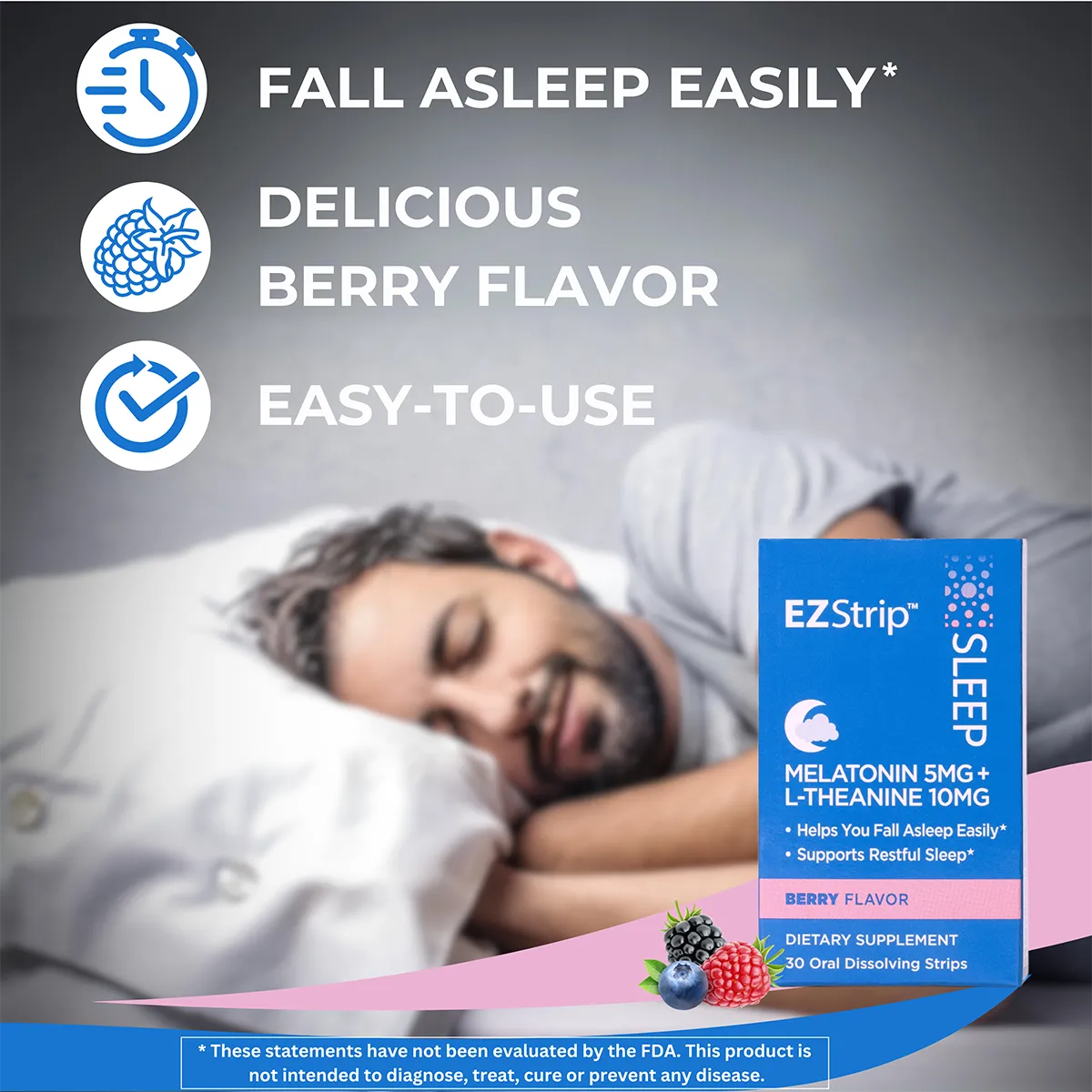 A man is sleeping peacefully in bed next to a box of berry-flavored sleep strips, emphasizing easy use for falling asleep.