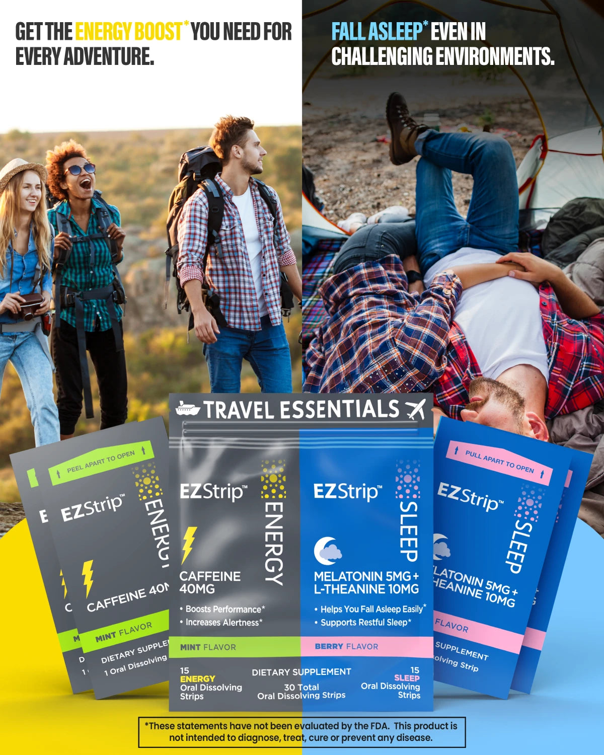 A split-screen image promoting EZStrip Energy for outdoor adventures and EZStrip Sleep for restful sleep in challenging environments, featuring hikers and a man sleeping in a tent.
