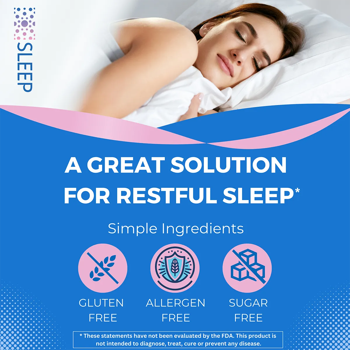 A woman sleeps contently, with text highlighting gluten-free, sugar-free and allergen-free features of a sleep aid product.