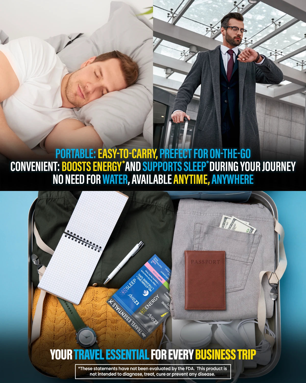 A collage showcasing EZStrip Energy and Sleep supplements, highlighting their portability and convenience for travel. Includes images of a sleeping man, a businessman checking his watch, and a packed suitcase.