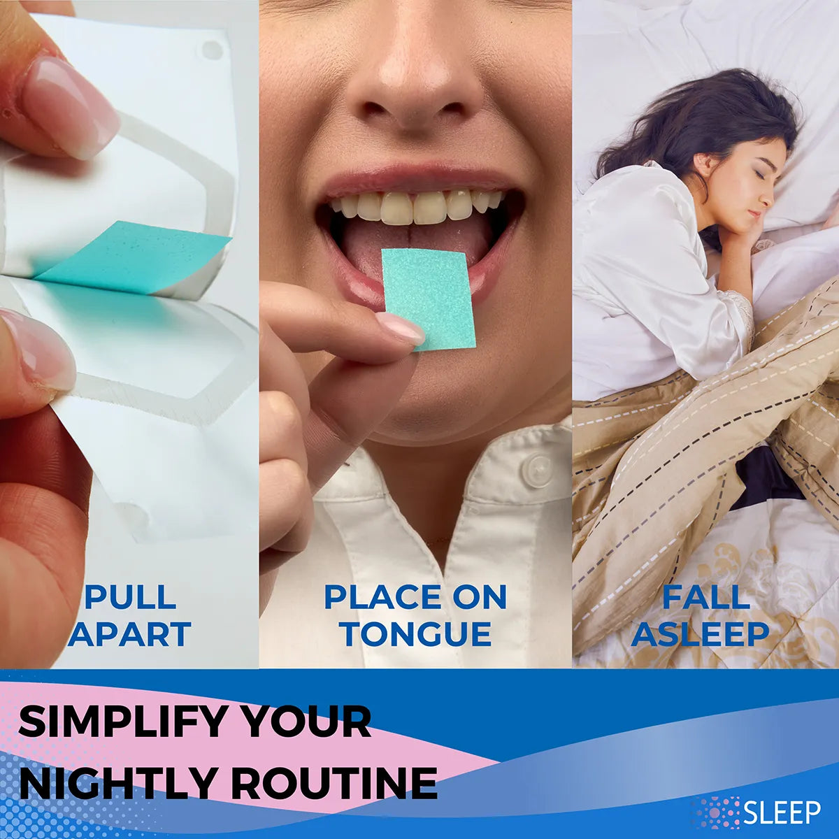Three images depict a woman using a sleep strip and then sleeping, showcasing how easy it is to use the EZStrip Sleep strip.