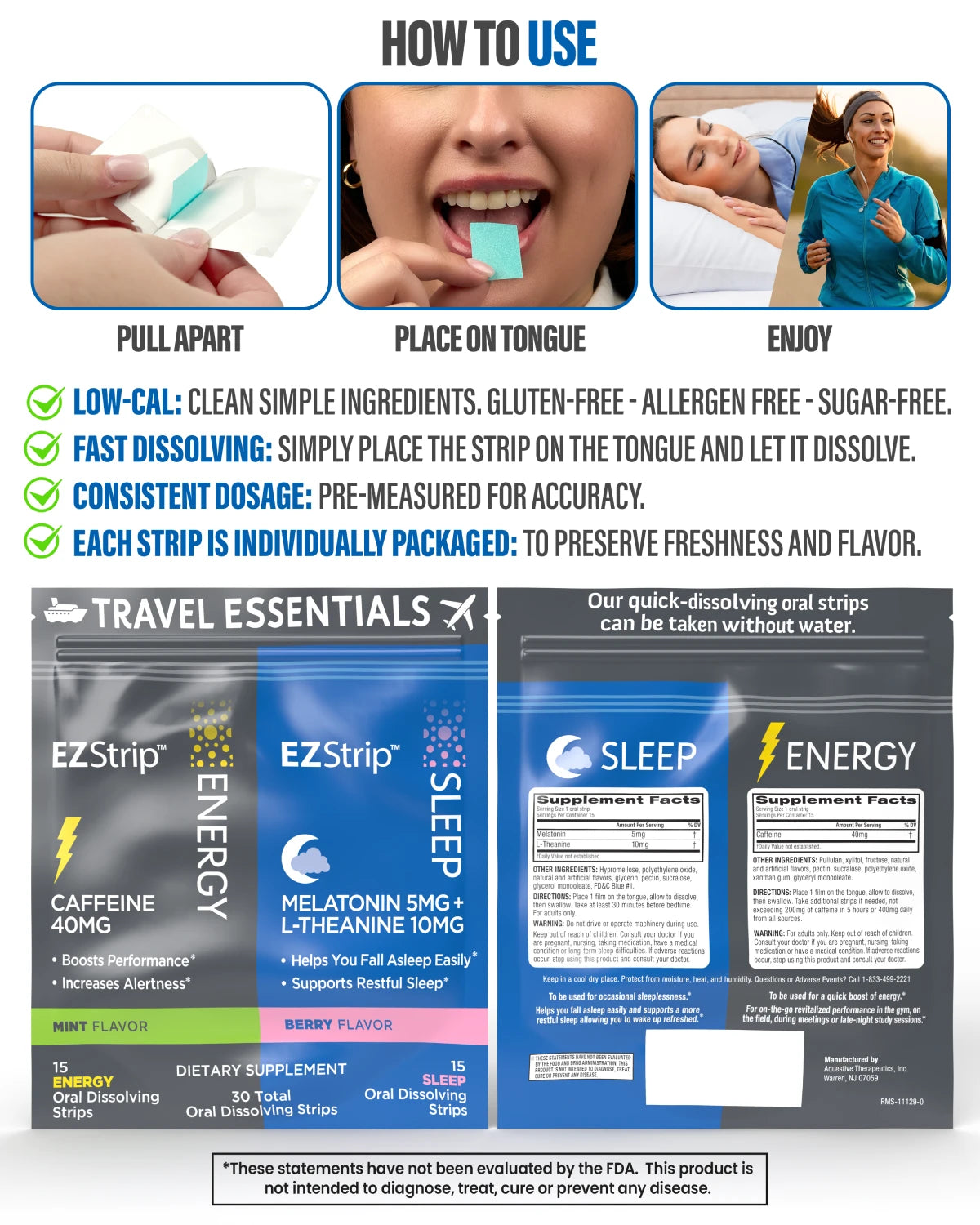 An instructional graphic showing how to use EZStrip: pulling apart the package, placing the strip on the tongue, and enjoying its effects. The guide emphasizes features like low calories, fast dissolving, and individual packaging.