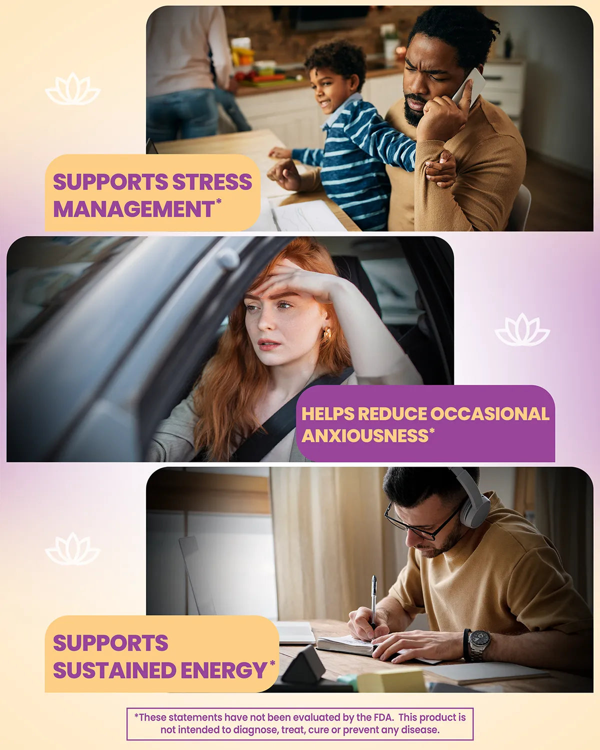 Promotional image for a stress support supplement showing three people in different scenarios with benefit claims: top shows a man on phone with child - &