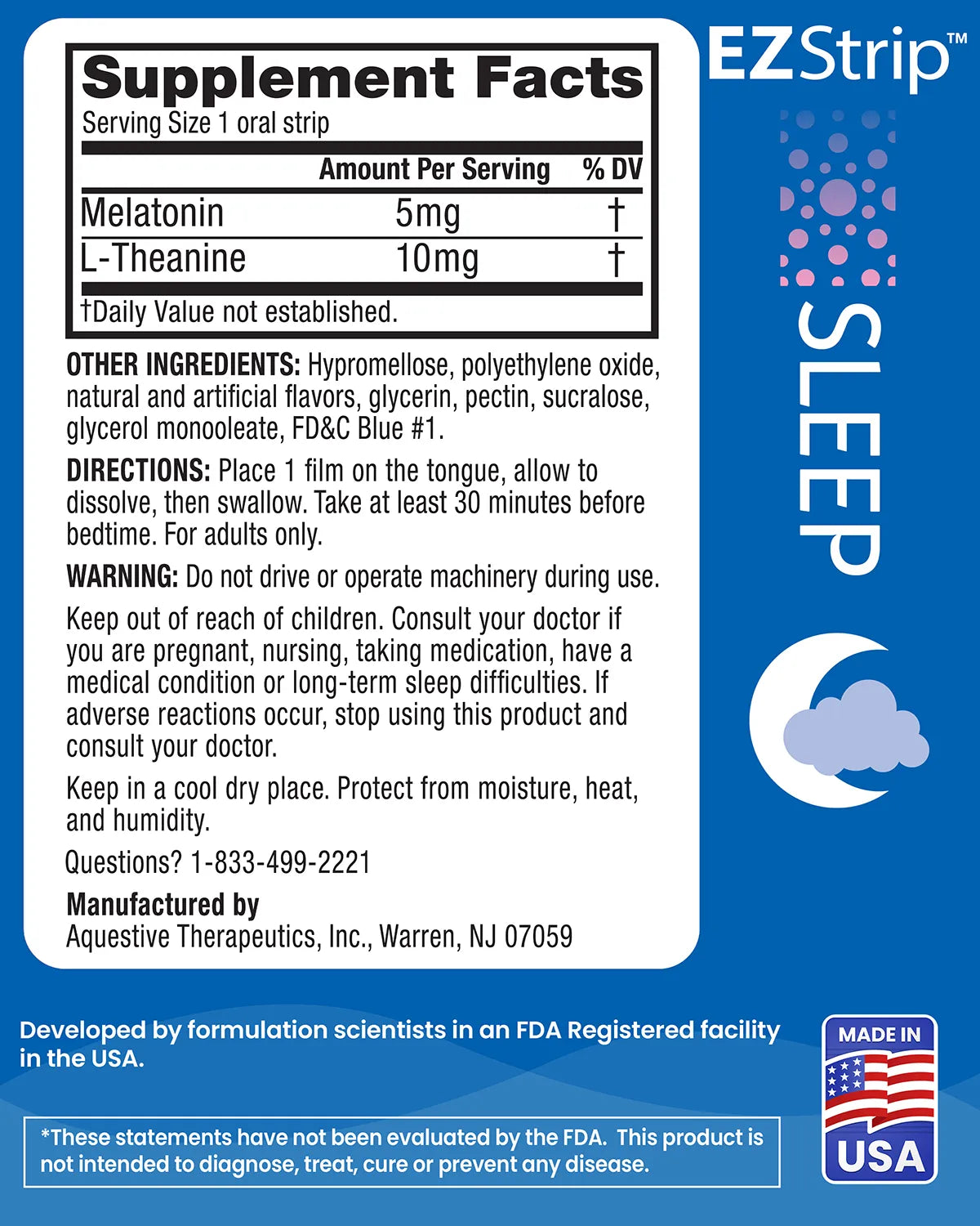 The back of the EZStrip Sleep package shows supplement facts such as ingredients, directions and manufacturer details.