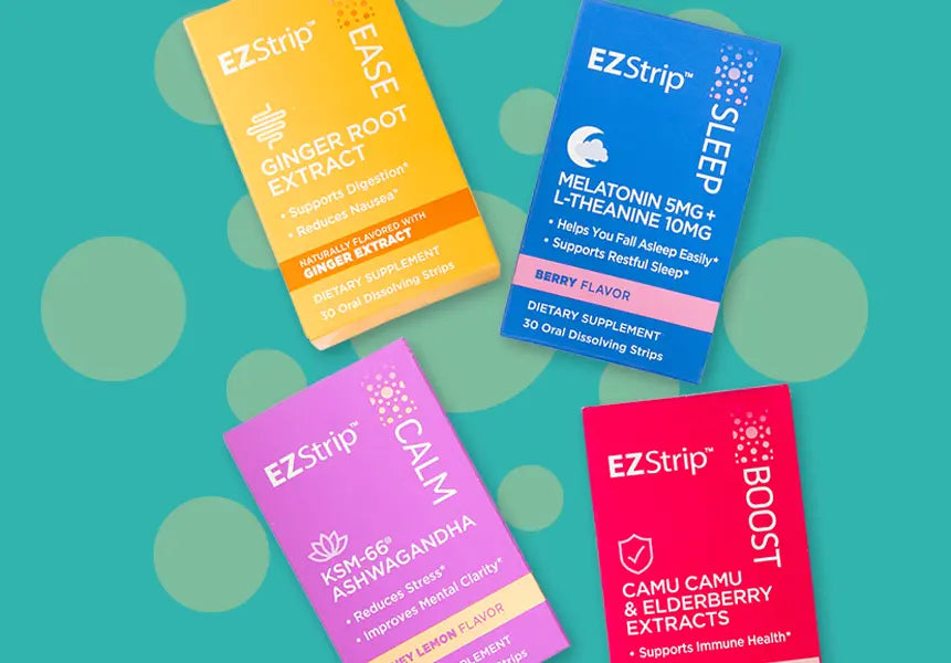 Four boxes of EZStrip dietary supplements against a teal background with yellow circles. The boxes are different colors (yellow, blue, pink, and red) and contain different supplement types: ginger root extract for digestion, melatonin for sleep, KSM-66 ashwagandha for stress reduction, and camu & elderberry extracts for immune support.