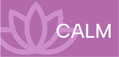 an image of white calm text on a purple background