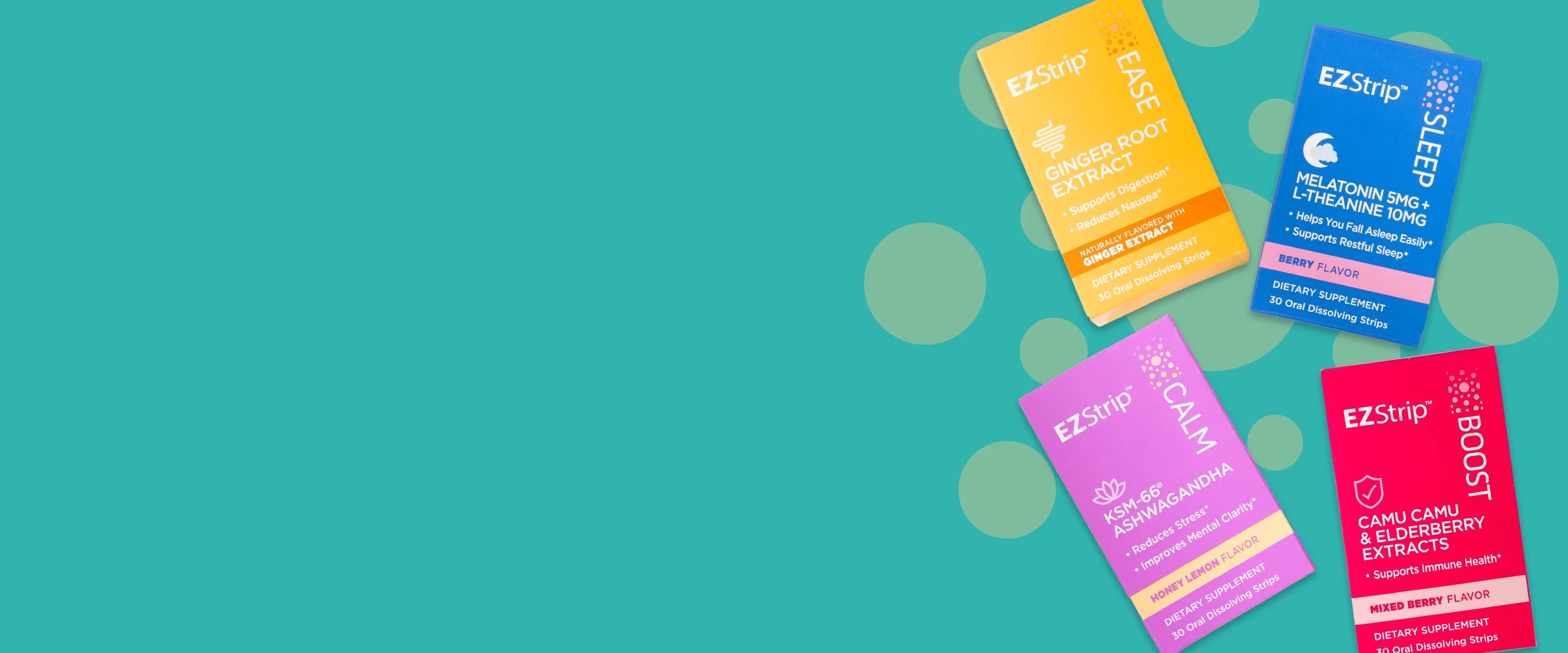 four boxes of EZStrip products: "EASE", "SLEEP", "CALM" and "BOOST"