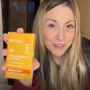 an image of a woman holding up an image of the EZStrip ease product