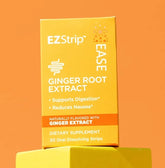 EZStrip Ease dietary supplement displayed prominently on a bright yellow stand, set against an eye-catching orange background.