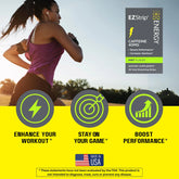 EZStrip Energy advertisement showing a jogger at sunset with product packaging (40mg caffeine mint strips). Features three benefit icons: &