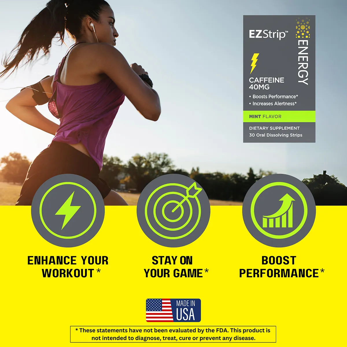 EZStrip Energy advertisement showing a jogger at sunset with product packaging (40mg caffeine mint strips). Features three benefit icons: &