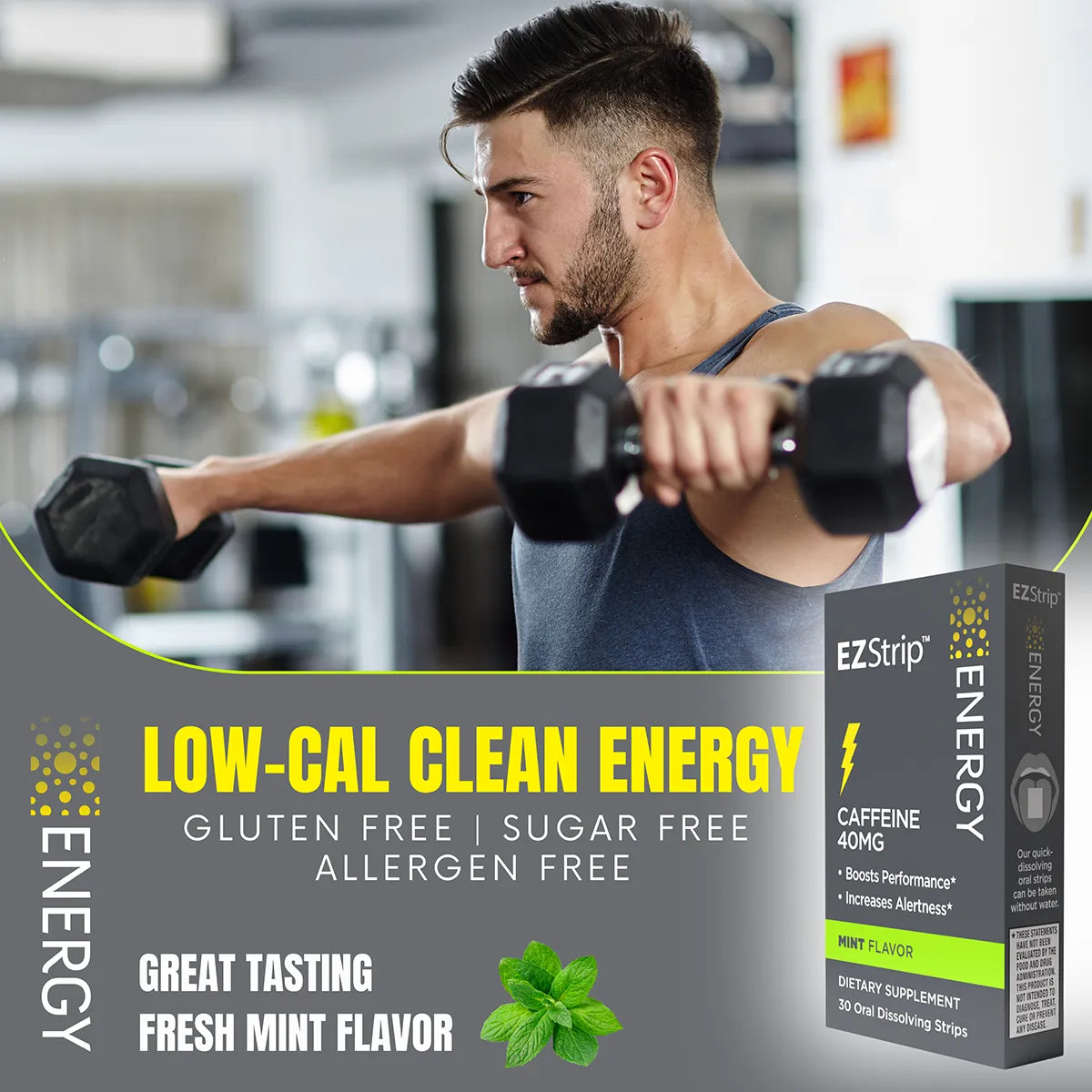A focused young man lifting weights at the gym, emphasizing the EZStrip Energy dietary supplement&