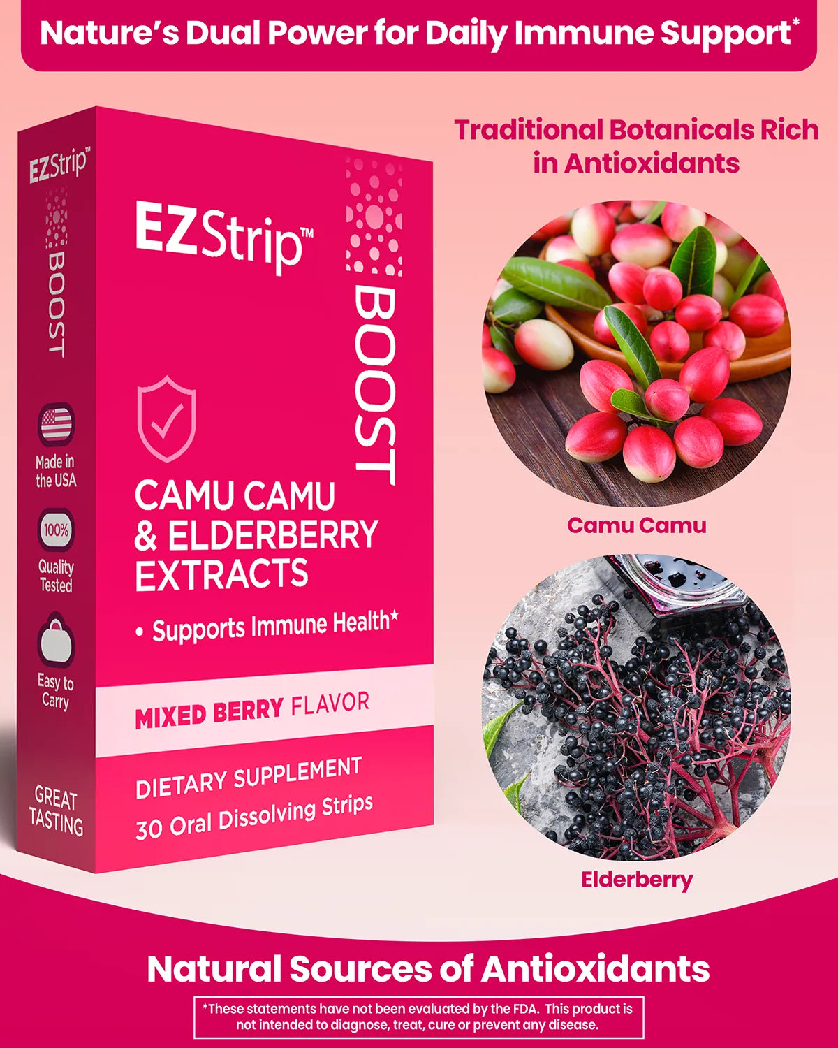 A promotional image showcasing the Camu Camu and Elderberry ingredients in EZStrip Boost, highlighting their antioxidant properties.