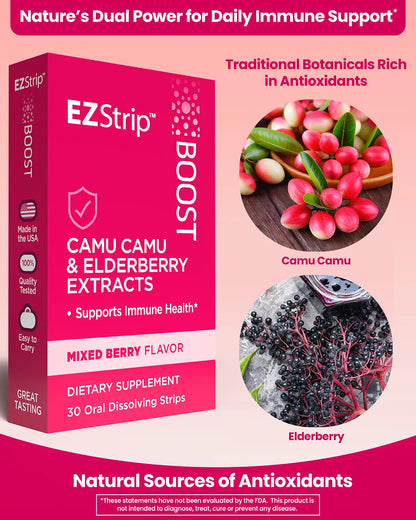 A promotional image showcasing the Camu Camu and Elderberry ingredients in EZStrip Boost, highlighting their antioxidant properties.