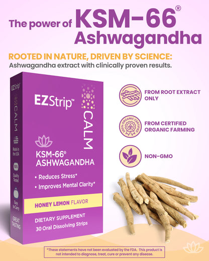 A purple box of EZStrip Calm KSM-66 Ashwagandha oral dissolving strips, highlighting stress reduction and mental clarity benefits with honey lemon flavor.