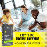 A group of cheerful young professionals working together around a table, emphasizing EZStrip Energy dietary supplements as easy-to-use and convenient without needing water.