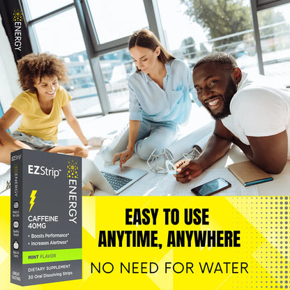 A group of cheerful young professionals working together around a table, emphasizing EZStrip Energy dietary supplements as easy-to-use and convenient without needing water.