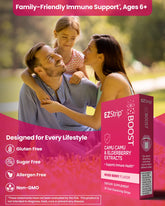A promotional image of a smiling family outdoors, emphasizing EZStrip Boost as a family-friendly immune support supplement.