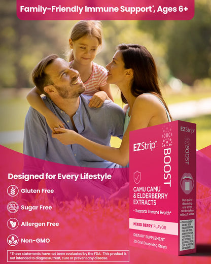A promotional image of a smiling family outdoors, emphasizing EZStrip Boost as a family-friendly immune support supplement.