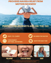A woman in a sunhat stands on a boat, facing the ocean, promoting nausea relief for travel. Text highlights ease of use and convenience.