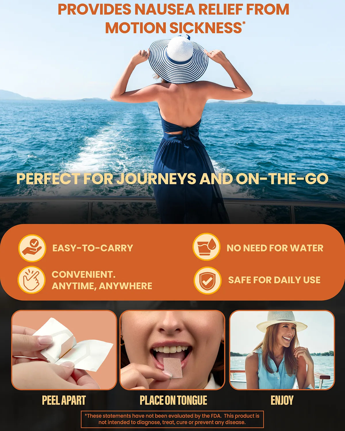 A woman in a sunhat stands on a boat, facing the ocean, promoting nausea relief for travel. Text highlights ease of use and convenience.