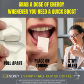 Graphic instructions illustrating how to use EZStrip Energy strips: pulling apart packaging, placing the strip on the tongue, and feeling alert, with a note that one strip equals half a cup of coffee.