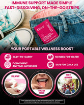 Close-up of sneakers and a pink package in a pocket, conveying on-the-go immune support with key benefits in text.