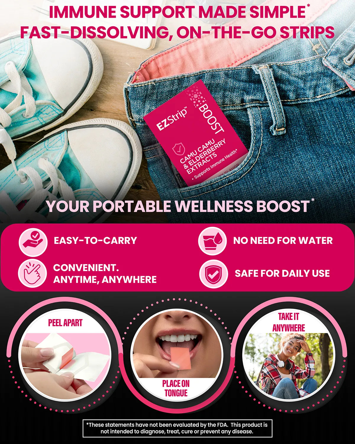 Close-up of sneakers and a pink package in a pocket, conveying on-the-go immune support with key benefits in text.