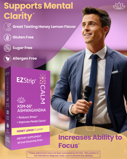 Promotional graphic for EZStrip Calm with a businessman holding a microphone, highlighting mental clarity benefits in a professional setting.