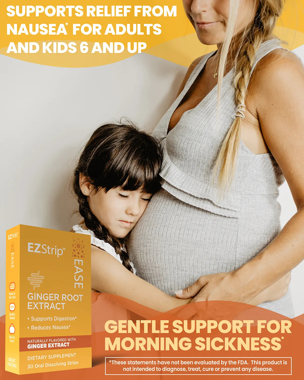 A pregnant woman holds her daughter, promoting ginger extract strips for nausea relief aimed at adults and kids.