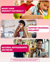 A collage featuring a woman drinking tea, a child studying, and a woman on public transit, focusing on natural immune support.