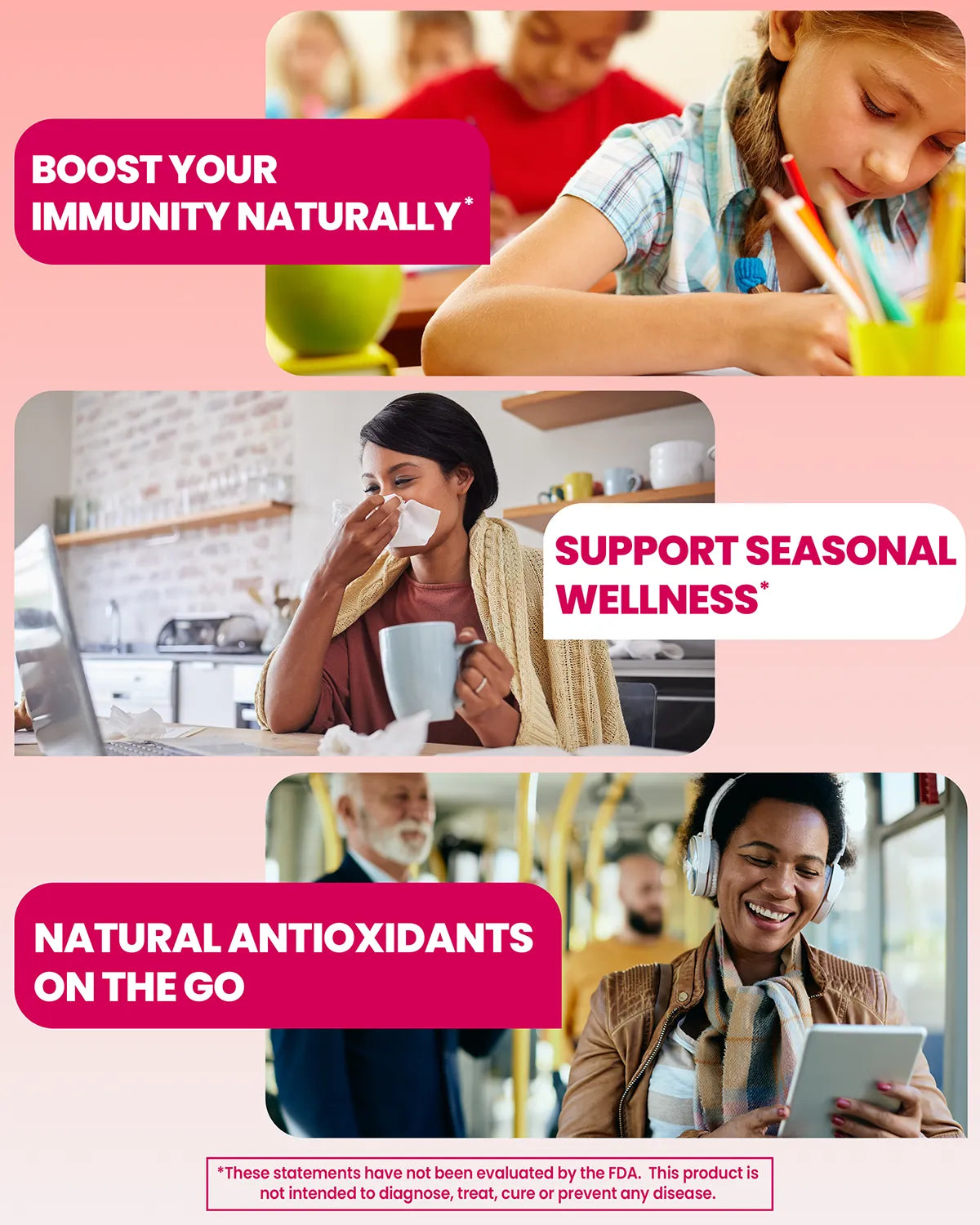 A collage featuring a woman drinking tea, a child studying, and a woman on public transit, focusing on natural immune support.