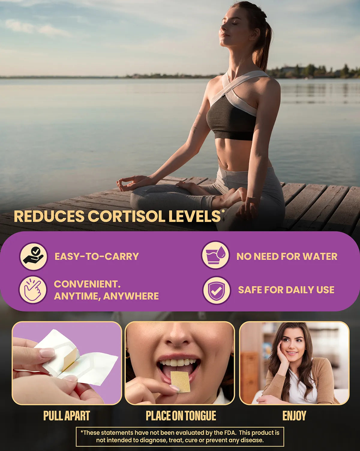 A woman meditates on a dock, with text about cortisol reduction, detailing convenience and safety of the dissolving strips.