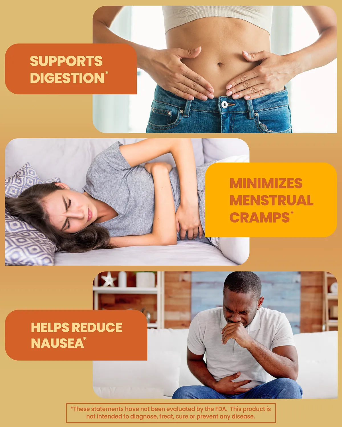 Images showing individuals with stomach discomfort, discussing benefits of a product that supports digestion and reduces nausea.