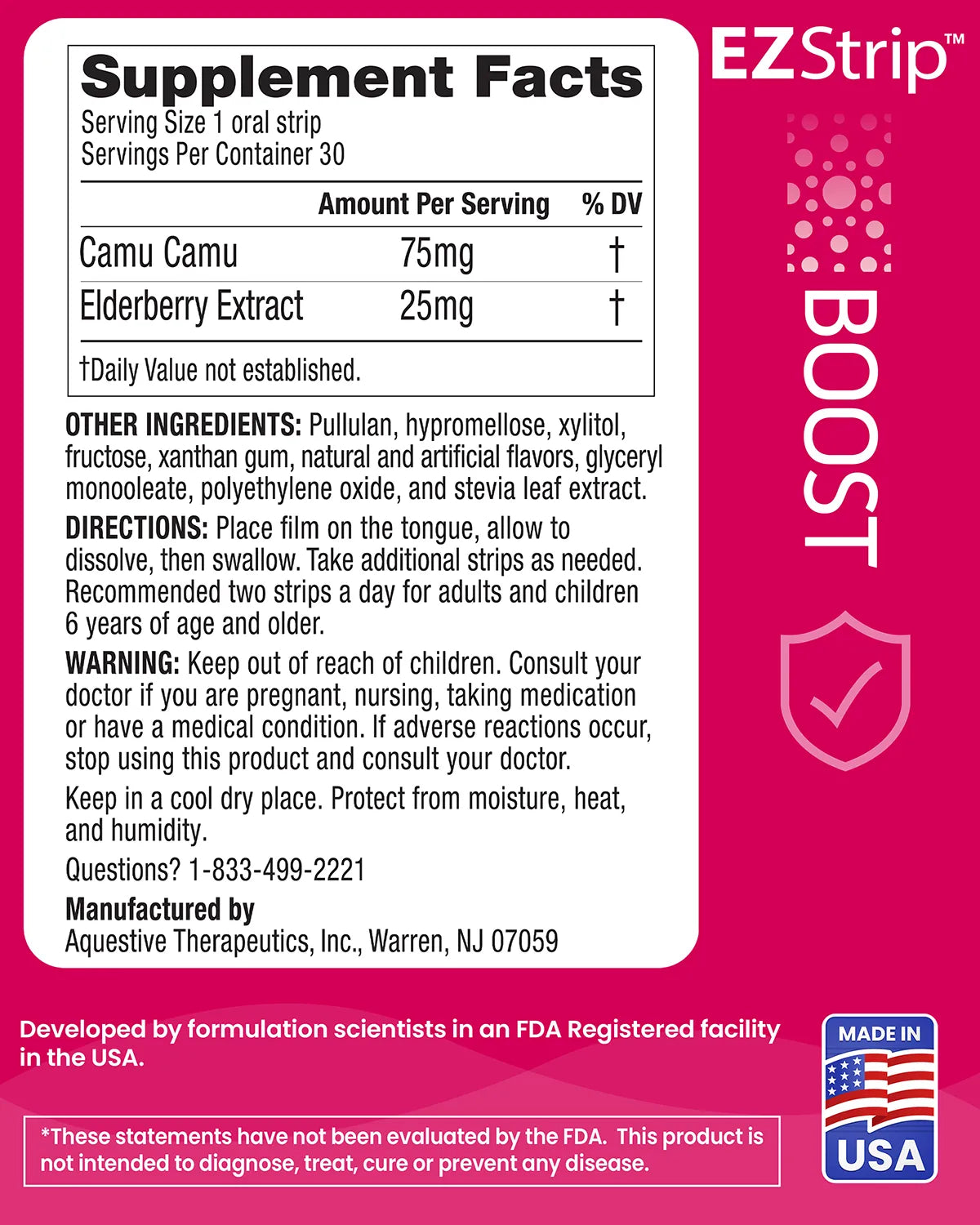 The back of the EZStrip Boost box showcasing the supplement facts such as ingredients, directions and manufacturing details.