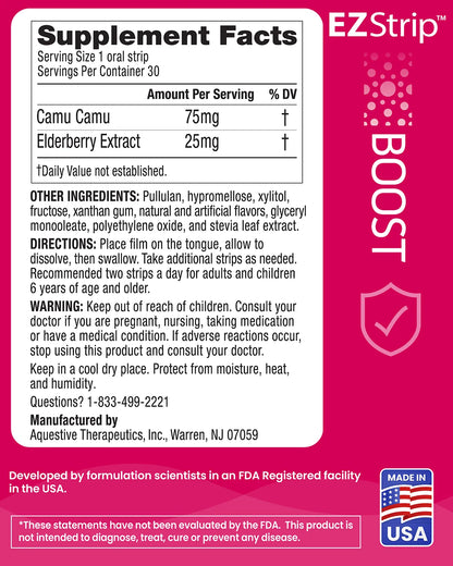 The back of the EZStrip Boost box showcasing the supplement facts such as ingredients, directions and manufacturing details.