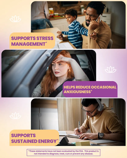 Promotional image for a stress support supplement showing three people in different scenarios with benefit claims: top shows a man on phone with child - &