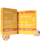 A yellow box of the EZStrip Ease with three EZStrip Ease packs next to it with ginger in front of them.