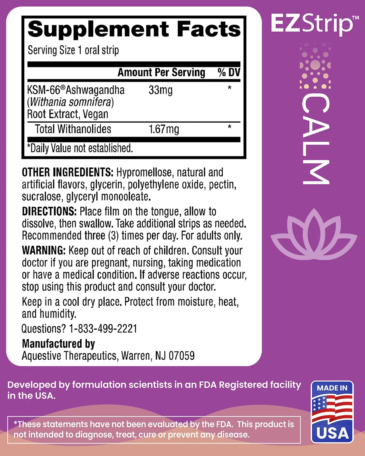 Supplement facts label for EZStrip Calm KSM-66 Ashwagandha oral strips, showing ingredient list, directions, and manufacturer details.
