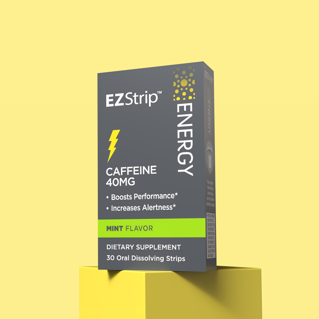EZStrip Energy product packaging for mint-flavored oral dissolving strips containing 40mg caffeine, with claims of boosting performance and increasing alertness. A mint leaf appears beside the box.