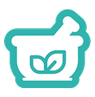 A teal-colored icon of a mortar and pestle with two leaves inside, representing natural or herbal remedies