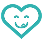 A teal-colored heart-shaped icon with a smiling face, symbolizing happiness, well-being, or satisfaction.