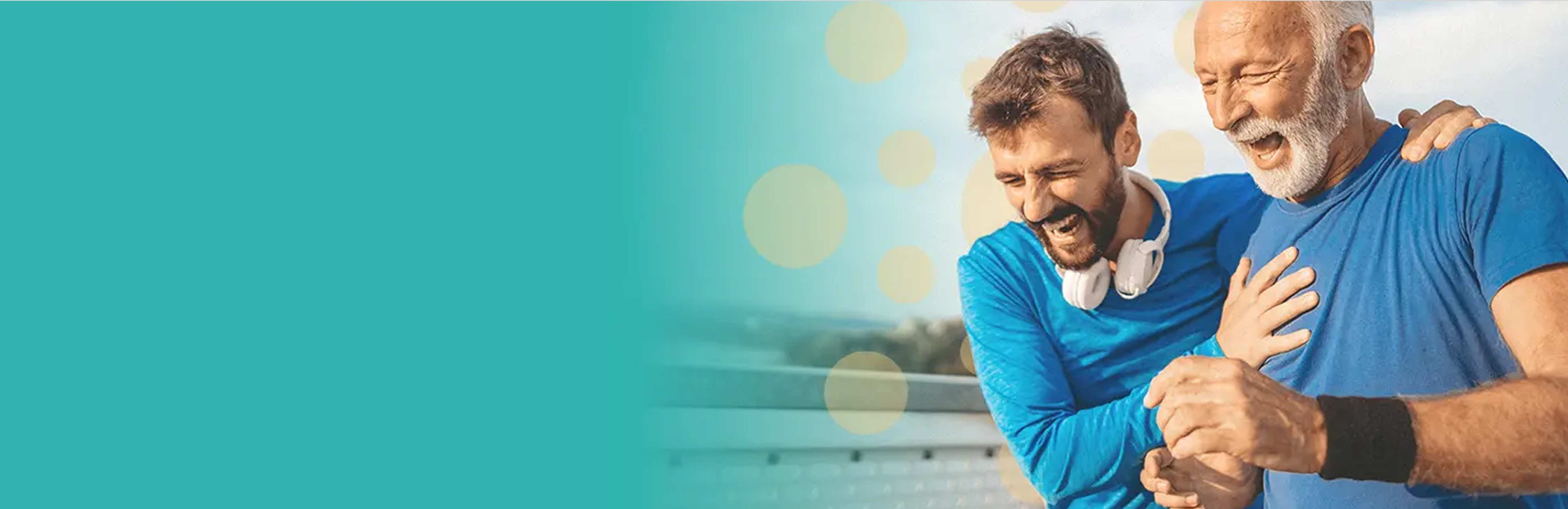 Partial banner image showing an intergenerational moment between two people in blue shirts against a bright outdoor setting. The left portion features a teal overlay with soft bokeh circles, while the right shows what appears to be a younger adult with headphones and an older adult with a white beard sharing a joyful moment, suggesting themes of connection and active lifestyle.